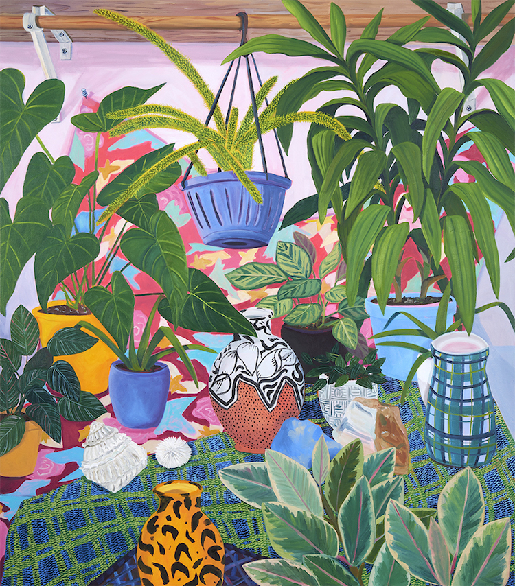 "Painted Pots with Studio Plants," 2019. Oil and acrylic on canvas, 62.5 x 55 inches.